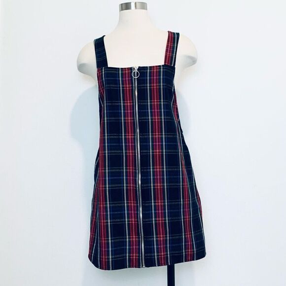 Forever 21 Suspender Plaid Mini Dress Black Shirt M Overall Pinafore - Picture 2 of 8